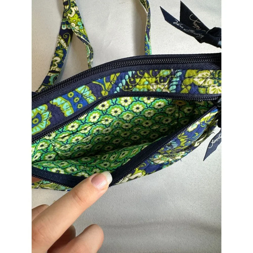 Vera Bradley Lizzy Crossbody Blue, Black, Green and White pattern.